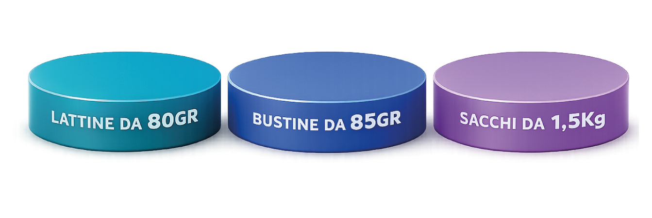 Tre formati: 80g, 85g, 1,5kg
