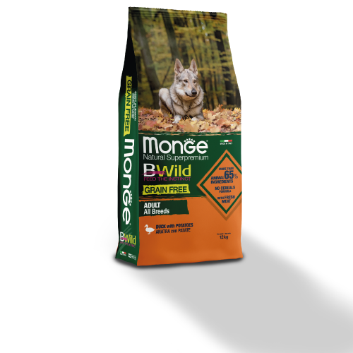 Sacco di crocchette Monge BWild grain free per cani adulti