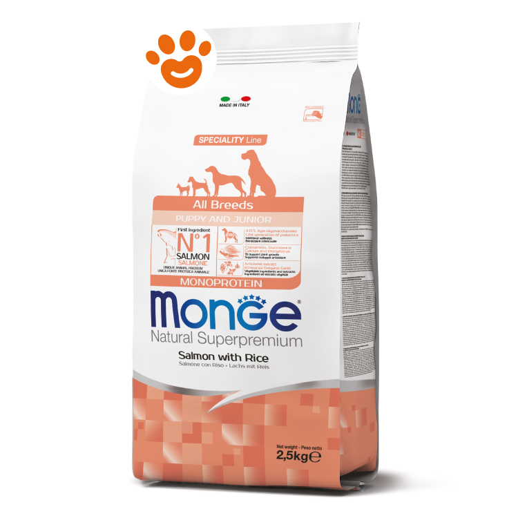 Sacco crocchette Monge Puppy Junior salmone riso