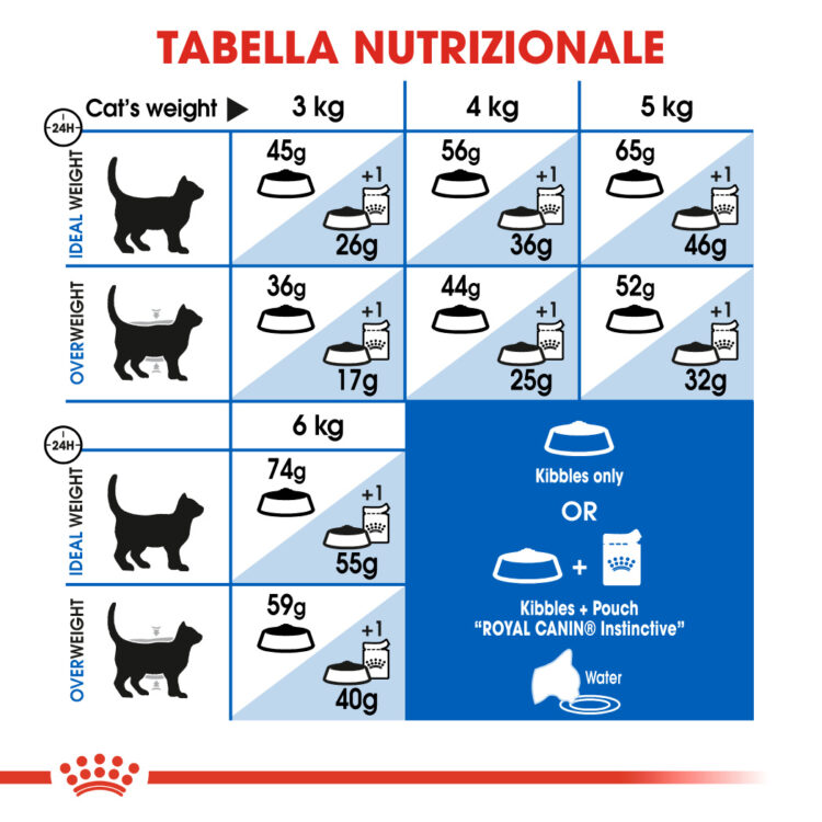 Tabella nutrizionale giornaliera per gatti Royal Canin