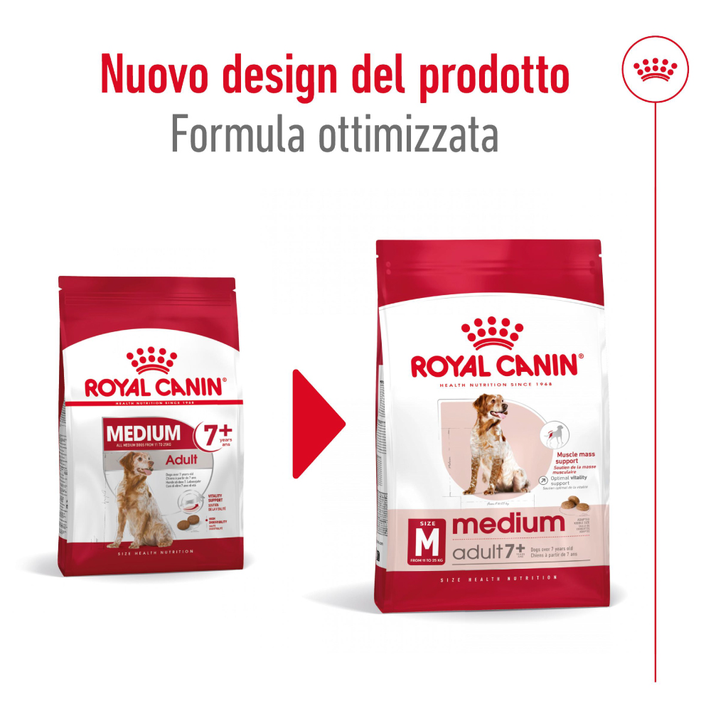 Vecchio e nuovo packaging Royal Canin Medium 7+