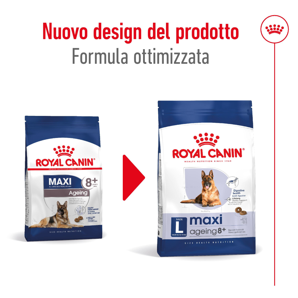 Confronto vecchio e nuovo packaging Royal Canin Maxi 8+