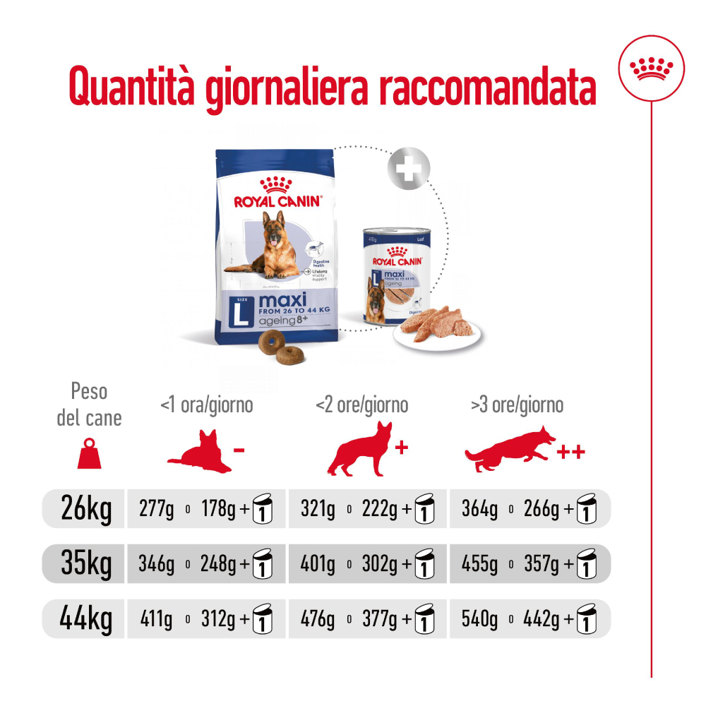 Tabella quantità giornaliera Royal Canin Maxi Ageing 8+
