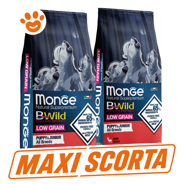 Due sacchi Monge BWild Low Grain per cuccioli