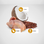Cocco, quaglia cruda e quinoa su sfondo chiaro