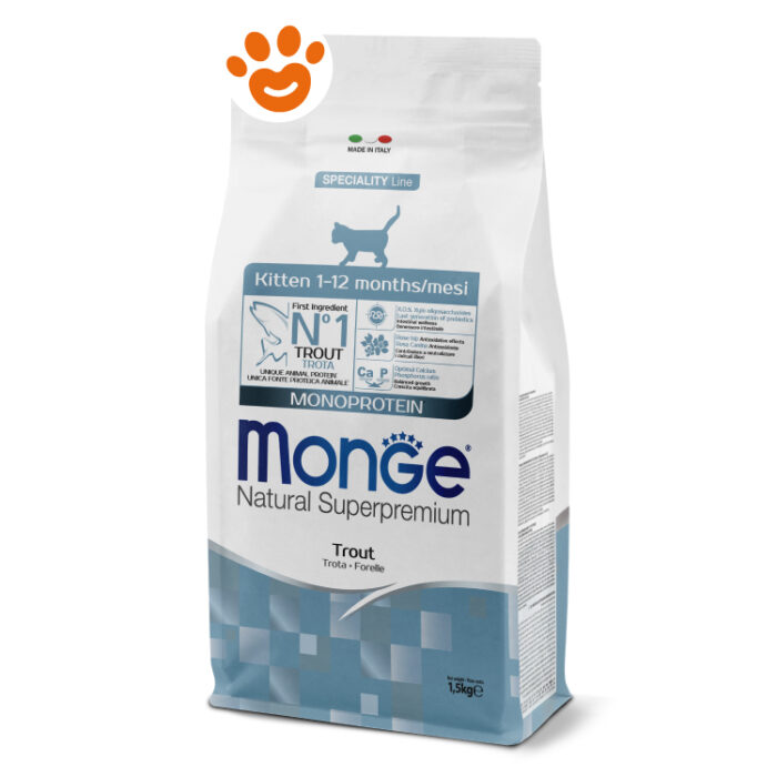 Sacco crocchette Monge Kitten trota 1,5 kg