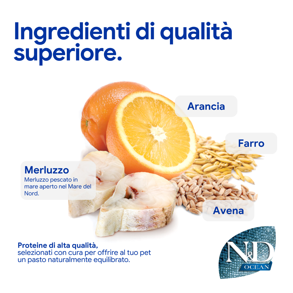 Ingredienti naturali: arancia, merluzzo, farro e avena