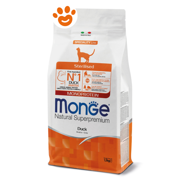Sacco crocchette Monge Sterilised Anatra 1,5 kg
