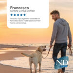 Uomo con cane al tramonto sulla spiaggia