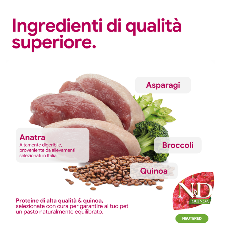 Ingredienti premium: anatra, asparagi, broccoli e quinoa