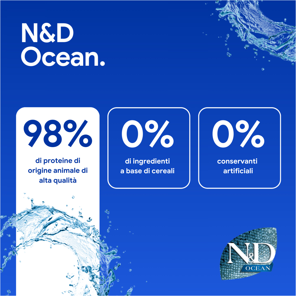 Grafica promozionale N&D Ocean con percentuali nutrizionali