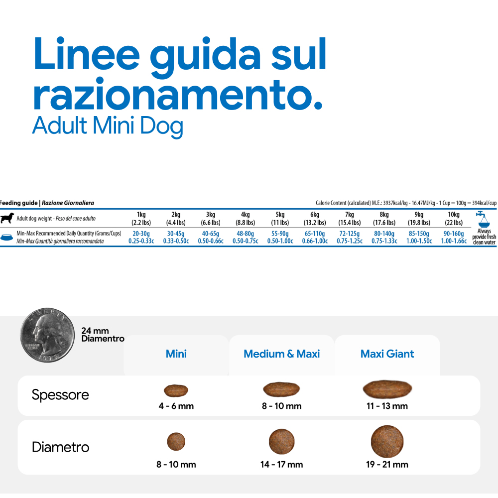Linee guida razionamento Adult Mini Dog con dosi e dimensioni