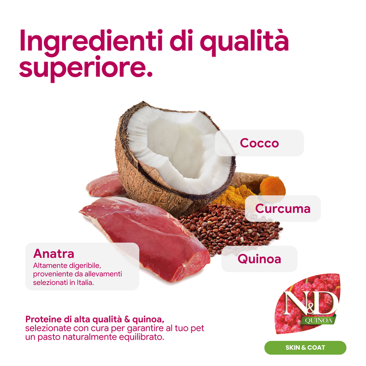 Ingredienti premium: anatra, cocco, curcuma e quinoa