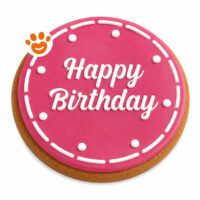 Biscotto rotondo rosa con scritta Happy Birthday