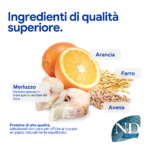 Ingredienti premium: arancia, merluzzo, farro e avena
