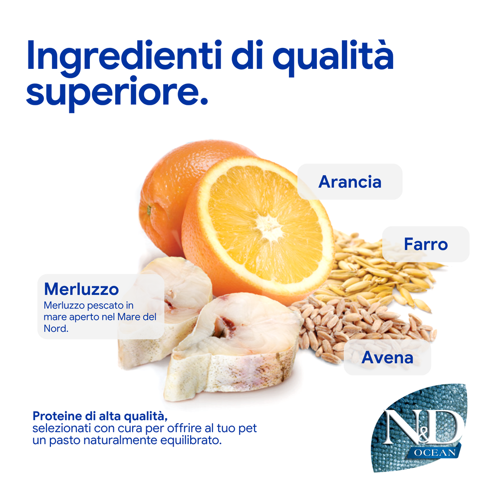 Ingredienti premium: arancia, merluzzo, farro e avena