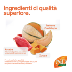 Ingredienti premium: anatra, melone cantalupo e zucca