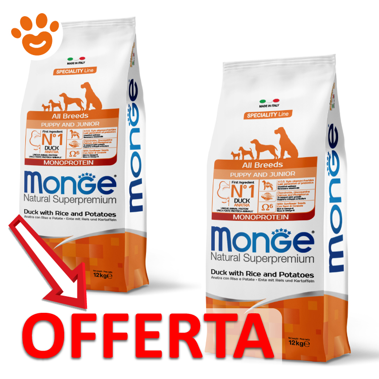 Offerta crocchette Monge Puppy e Junior anatra