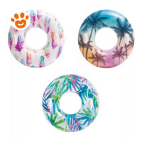 Tre salvagenti gonfiabili con fantasie tropicali colorate