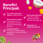 Infografica benefici con ingredienti tropicali su sfondo rosa