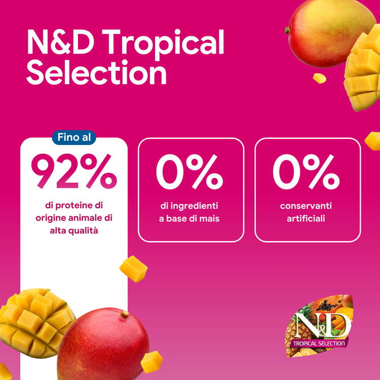 N&D Tropical Selection con mango e percentuali nutrizionali