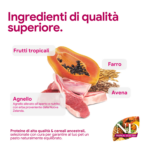 Ingredienti premium: agnello, papaya, farro e avena