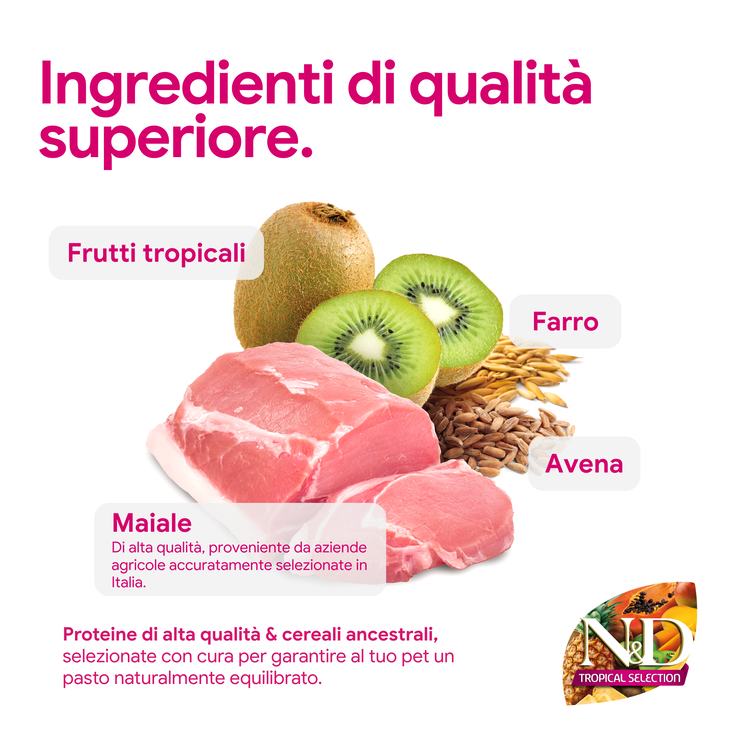 Ingredienti premium: maiale, kiwi, farro e avena