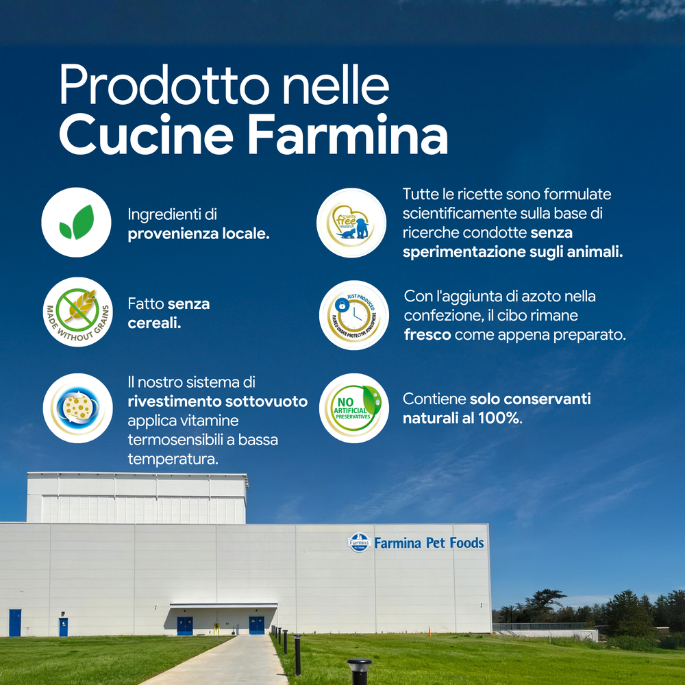 Stabilimento Farmina con informazioni sui prodotti per animali
