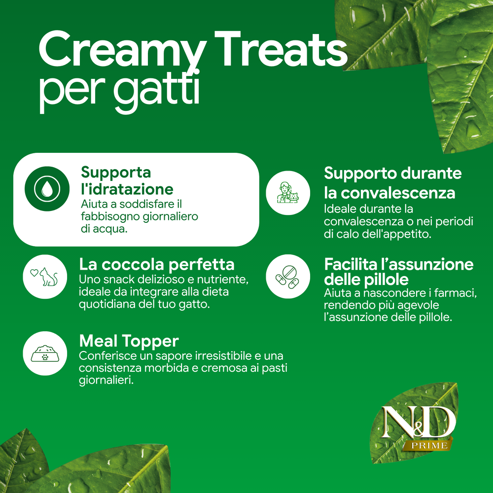 Infografica Creamy Treats per gatti con benefici