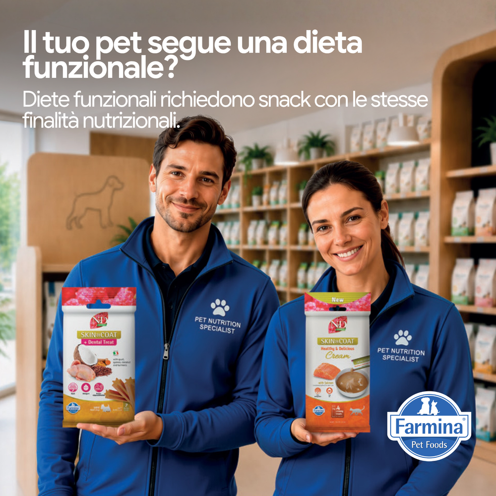 Specialisti mostrano snack funzionali Farmina per animali domestici