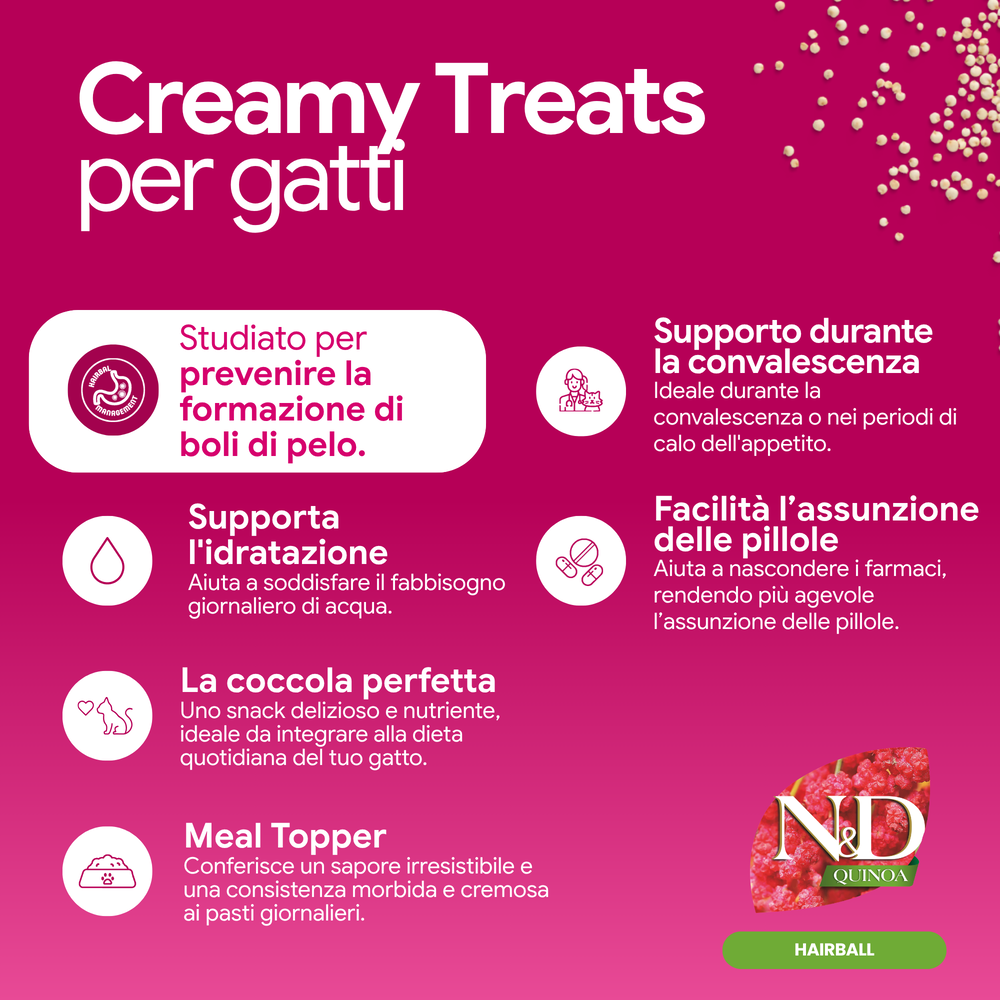 Infografica Creamy Treats per gatti N&D Quinoa