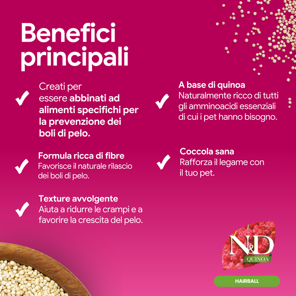Infografica benefici snack Hairball N&D Quinoa per gatti