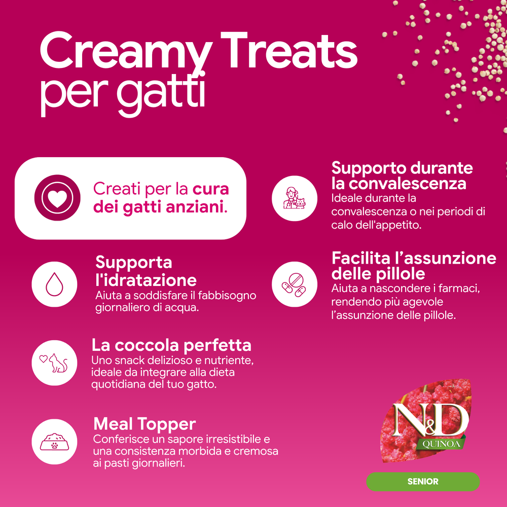 Infografica Creamy Treats per gatti anziani N&D Quinoa