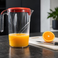 Caraffa di succo d'arancia su piano cucina