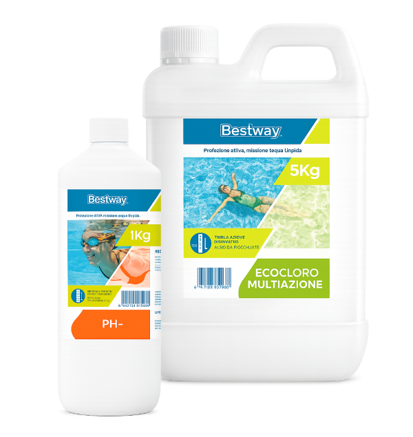 Flaconi prodotti chimici piscina Bestway 1kg e 5kg