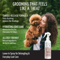 Donna con barboncino e spray balsamo per cani