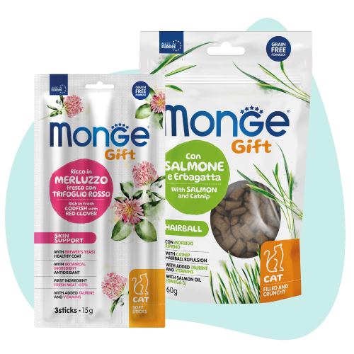 Snack per gatti Monge Gift al salmone e merluzzo