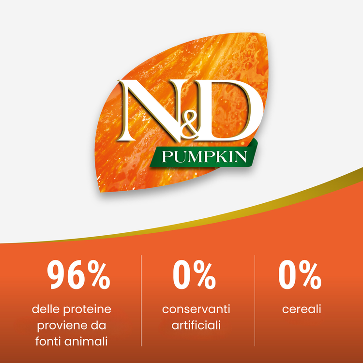 Logo N&D Pumpkin con informazioni nutrizionali