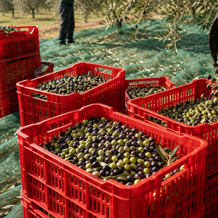 Cassette rosse colme di olive appena raccolte