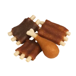 Snack masticabili marroni con nodi bianchi per cani