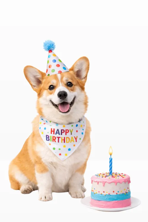 Corgi sorridente con cappellino accanto a torta di compleanno