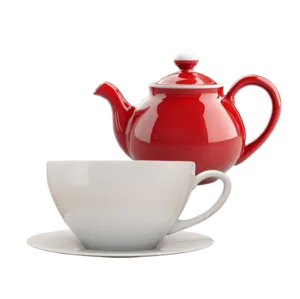 Teiera rossa con tazza bianca su sfondo nero