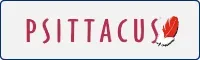 Logo Psittacus con scritta rossa e piuma stilizzata